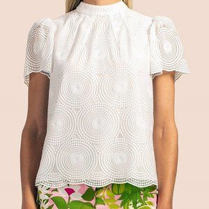 Trina Turk White Embroidered Mesh Top XS Short Puff Sleeve Blouse Mod Chic